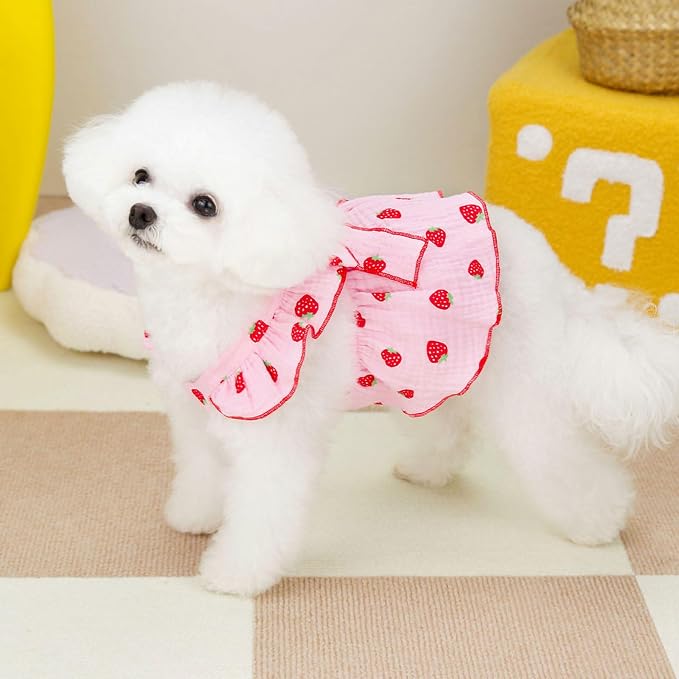 Dog Dresses for Small Dogs Girl Female Clothes Cat Clothes Cat Dress Cute Cotton Extra Summer Bow Decor Printed Strawberry Dog Birthday Outfit Small Puppy Clothes
