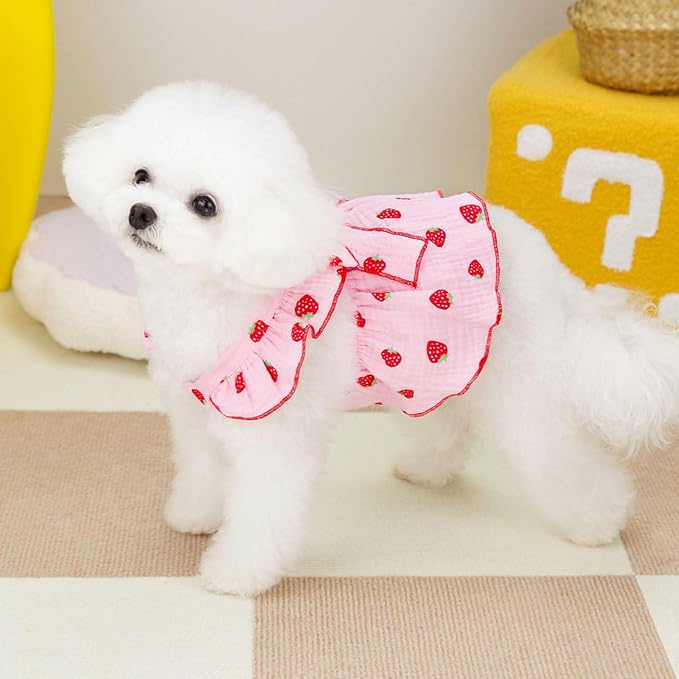Dog Dresses for Small Dogs Girl Female Clothes Cat Clothes Cat Dress Cute Cotton Extra Small Summer Clothes Bow Decor Printed Strawberry Dog Birthday Outfit Puppy Clothes Pink XL