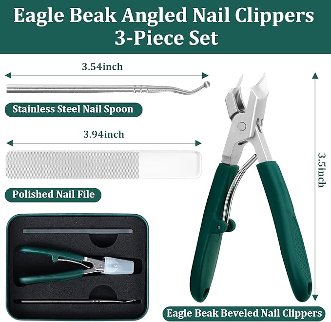Eagle Beak Beveled Nail Clippers, Upgrade Stainless Steel Wide Jaw Opening Anti-Splash Nail Clipper Set of 3-Piece, Long Handle Angled Head Toenail Clippers for Ingrown & Thick Toenails, for Men Women