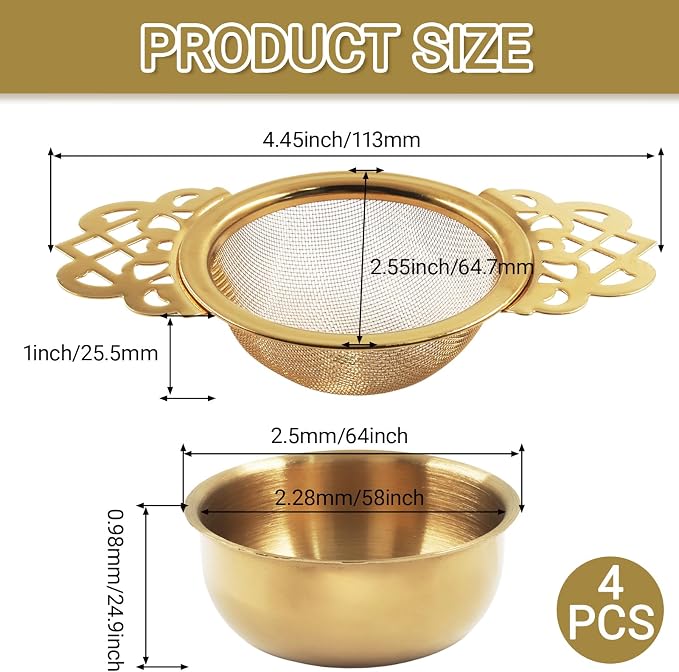 4 Pack Tea Strainer Bowl,Stainless Steel Small Tea Strainers Fine Mesh Loose Tea Infusers,Ideal Tea Filter for 2.5-4 Inch Cup Mouth/Tea Lovers(Gold)