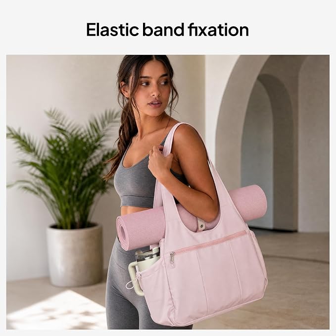 TOPEAST Foldable Tote Bag for Women with Yoga Mat Holder,Travel Tote Bag with Water Bottle Pocket,Lightweight Workout Gym Bag