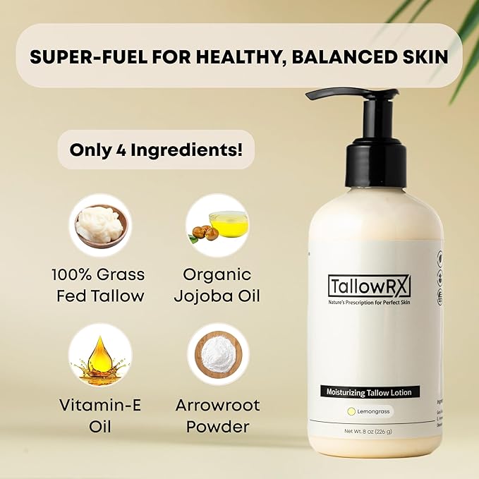 TALLOWRX Tallow Body Lotion – 100% Grass-Fed Beef Tallow for Skin, Face & Body – Pure & Organic Moisturizer with Jojoba Oil, Vitamin E (8 Fl Oz, Lemongrass)