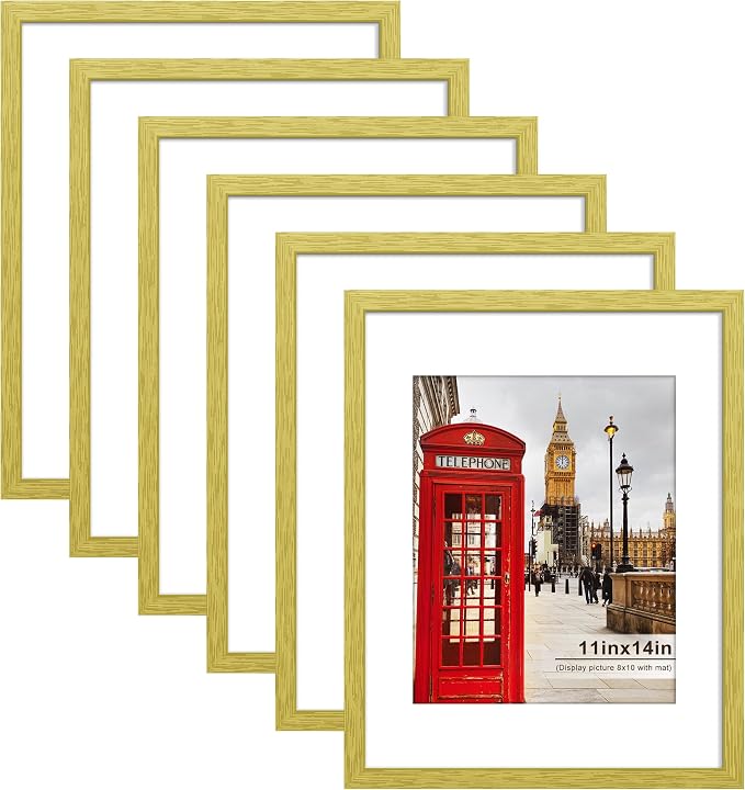 11x14 Picture Frame Set of 6, Wall or Tabletop Display, Gold | Display Pictures 8x10 with Mat or 11x14 Without Mat, Horizontal or Vertical, Gallery Wall Frame Set, Wedding Birthday Gifts