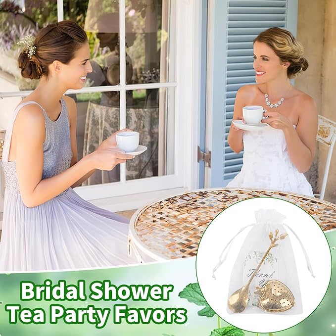 50 Sets Bridal Shower Tea Party Favor for Heart Shape Infuser Ball for Loose Guest Leaf Tea Spoon with Thank You Card Organza Bag Wedding Favors Tea Party Decorations Elegant Party Favors(Gold)