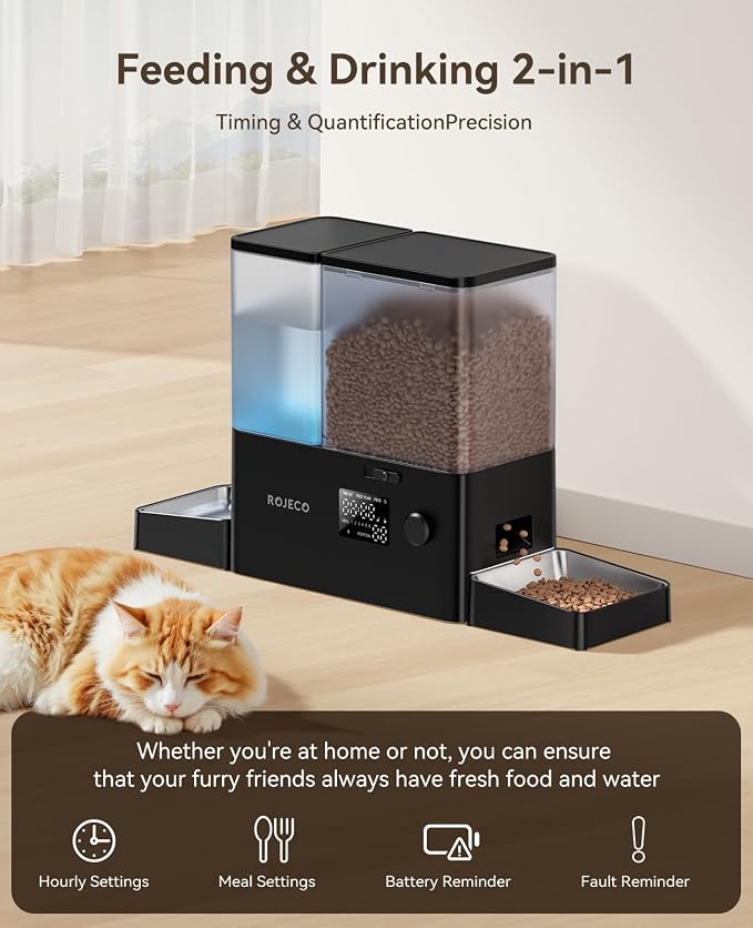 Automatic Cat Feeder & Water Dispenser,Button Customizable Feeding | 2 in 1 Feeding Drinking Water/5L Food Feeder,3.5L Water Fountain/Stainless Steel Bowls/Detachable Clean/Black