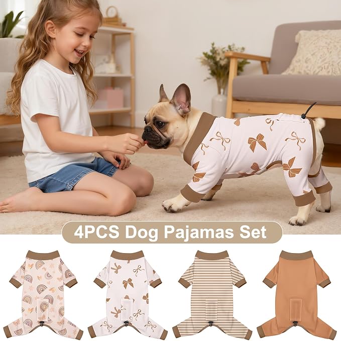 Bienbee Dog Pajamas, 4 Pack Adjustable Onesies for Small to Large Dogs S | Dog Shedding Suit with Soft Fabric, Breathable & Stretchy, and Adjustable Back Length for Sleeping Lounging and Daily Use
