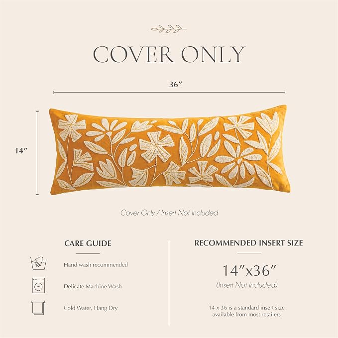 Long Lumbar Pillow Cover 14x36 for Bed, Mustard Floral Tufted Velvet Accent Oversize Throw Pillowcase for Bedroom, Cover Only