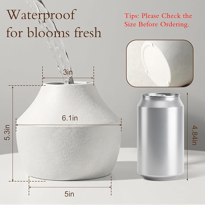 White Ceramic Flower Vase for Centerpieces, 5.2in Small Ceramic Vases | Waterproof Pottery Vases for Flower, Hydrangeas, Home Decor, Living Room,Table Decorative, Handcrafted