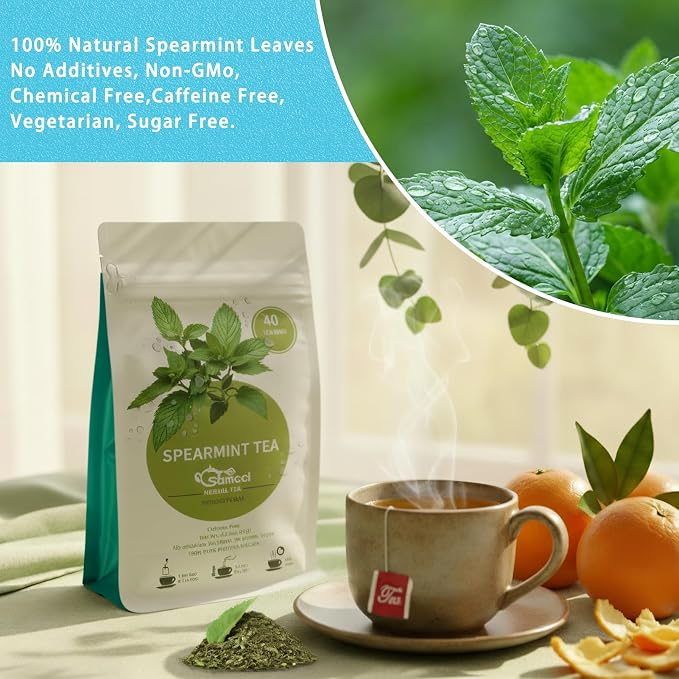 Samcci - Spearmint Tea Bags, 40 Teabags, 1.5g/bag - Pure Spearmint Leaves - Non-GMO - Caffeine-free Herbal Tea - Hormone Balance & Support Digestion & Natural Breath Freshener