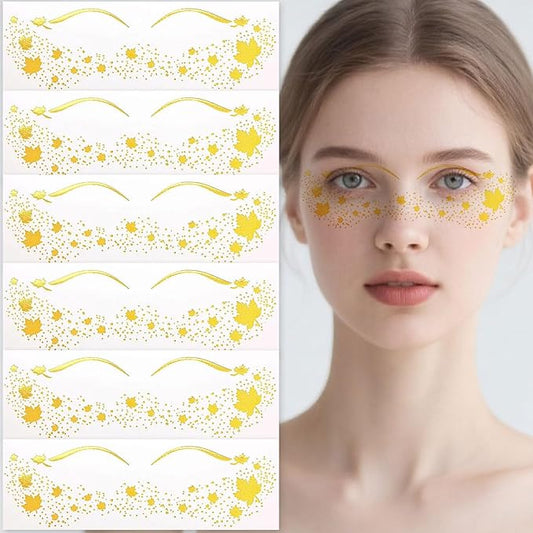 Maple Leaf Freckle Temporary Tattoos - Gold Glitter Face & Body Stickers for Women, Girls, Canadian Party Festival Makeup, Fall Autumn Thanksgiving Decoration Supplies (8 Sheets)