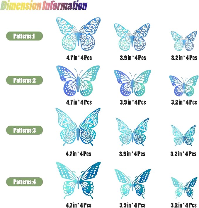 SAOROPEB 3D Butterfly Wall Decor 48 Pcs Laser Blue Butterfly Decorations | 4 Styles 3 Sizes, Butterfly Birthday Decorations Butterfly Party Decorations Cake Decorations, Removable Stickers