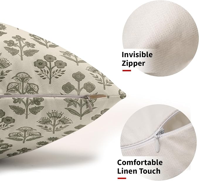 Olive Green Floral Pillow Covers 12x20 Inch Set of 2, Block Print Lumbar Flower Cream Decorative Throw Pillowcases Outdoor Farmhouse Rectangle Cushion Covers Spring Summer Sofa Couch Bed Decor