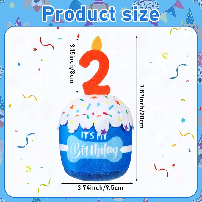Dansydaisy Dog Birthday Cake Toy Squeaky Plush Gift,2nd,Blue