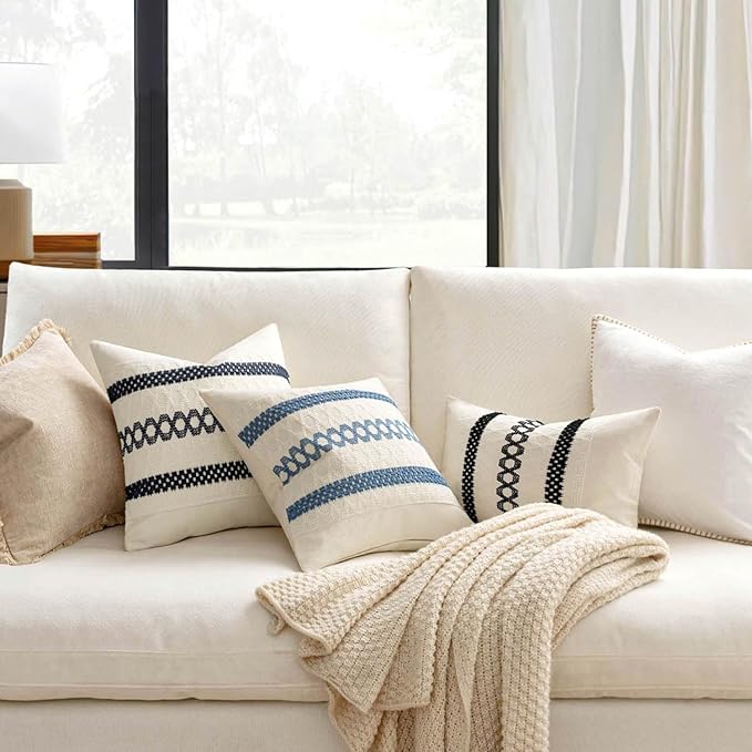 MIULEE Set of 2 Coastal Blue Boho Decorative Pillow Covers 18x18 Inch | Farmhouse Couch Throw Pillows, Modern Cotton Cushion Covers, Macrame Woven Spring Decor for Bed Sofa Chair
