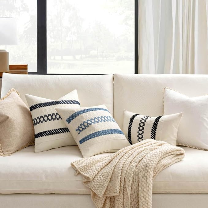 MIULEE Set of 2 Blue Boho Decorative Lumbar Pillow Covers 12x20 Inch | Farmhouse Coastal, Couch Throw Pillows, Modern Cushion Covers, Macrame Woven Spring Decor for Bed Sofa Chair