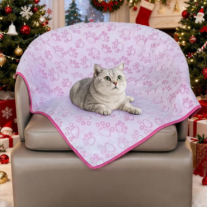 Stuffed Premium Soft Dog Blanket, with Flannel Pink Cute Paw Print, Cat Blanket Puppy Supplies Dog Products Stuff Essentials(Pink 32x40 inches)