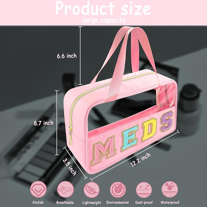 Bunliuys Chenille Letter Clear Makeup Bag Meds Patch, Travel Toiletry Makeup Bag with Handle, Nylon Waterproof Makeup Bags clear cosmetic bag, preppy patch makeup bag for Women (MEDS-Pink)