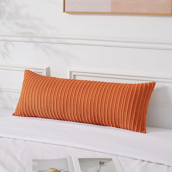 UGASA Fall 14x36 Inch Pillow Cover Pack of 1 Soft Boho Stripe Corduroy Large Long Rectangle Lumbar Cushion Case Farmhouse Decorative Throw Pilowcase for Bed, Couch, Sofa, Bedroom, Dark Orange
