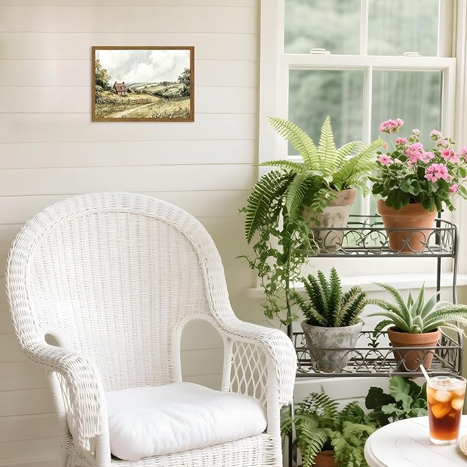 Framed Vintage Canvas Wall Art, Cottage Landscape Wall Decor Paintings, Rustic Farmhouse Pictures Prints Aesthetic Home Decor for Living Room Bedroom Bathroom 8x10 inch