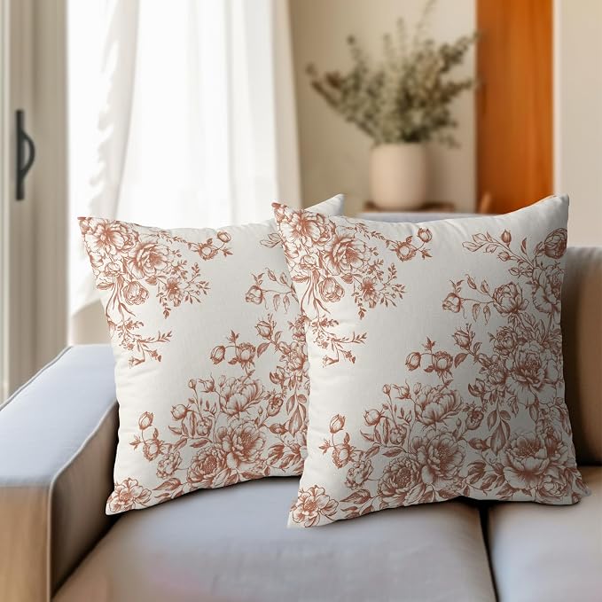 Kawani Brown White Floral Pillow Covers 20x20 Set of 2 Vintage Chinoiserie Flowers Print Decorative Square Pillow Cases Cotton Linen Cushion Cover for Bedroom Sofa Couch Home Decor