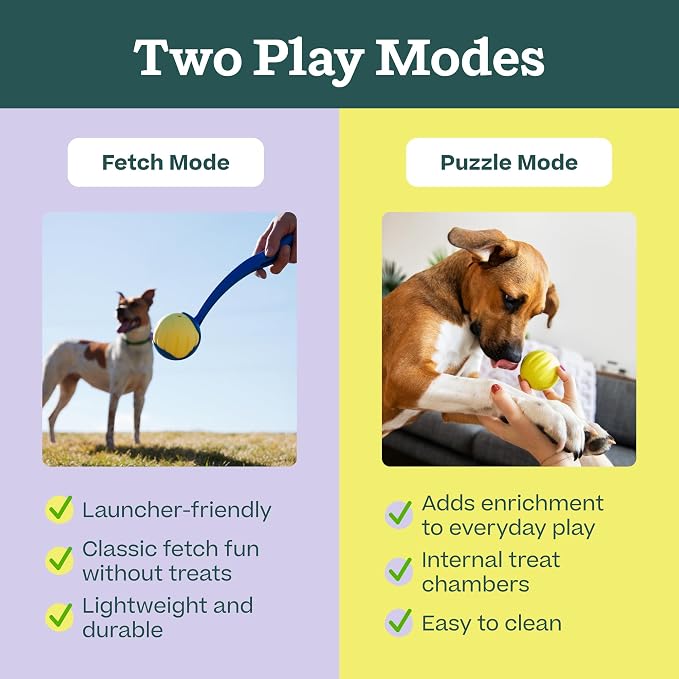 WOOF Flyball Fetch Ball & Dog Treat Dispenser Toy, 3-Pack | 2-in-1 fetch ball, fits standard ball launchers, treat dispenser, durable rubber, dishwasher safe, puzzle enrichment