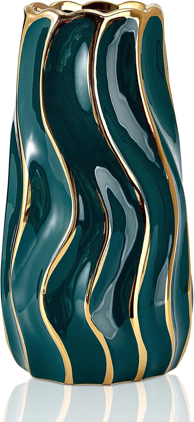 Ceramic Vase, Green Vase for Home Decor,Decorative Flower Vase, Vertical Stripe Ceramic Vases for Home Décor, Bedroom, Office, Living Room, Bathroom, Tabletop Decor, Centerpiece (Green)