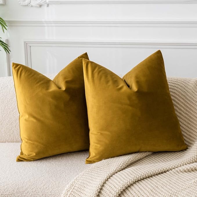 24x24 Velvet Throw Pillow Covers Set of 2 for Couch Sofa Bed,Mustard Yellow | JUSPURBET Decorative Pillow Covers with Invisible Zipper for Sofa Modern Living Room Bedroom Home Decor