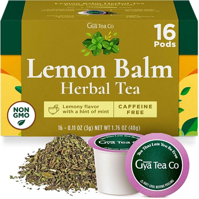 Gya Tea Co Lemon Balm Herbal Tea Pod (16 Count)- Decaf Wellness Tea for Body Comfort & Relaxing