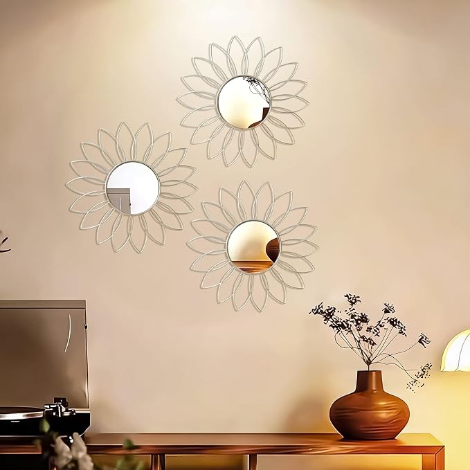 3 Pack Metal Mirrors for Wall Sunburst Wall Mirrors Home Décor Decorative Hanging Wall Art for Living Room Bedroom Entryway (Silver2, Flowers)
