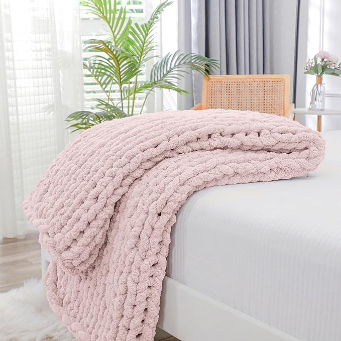 Bigacogo Chunky Knit Throw Blanket for Couch, 40x40 inches, Rose Tan | Hand Knit with Jumbo Chenille, Soft Breathable Cable Knit for Sofa Bed Living Room, Machine Washable, Gift for Mom Friend
