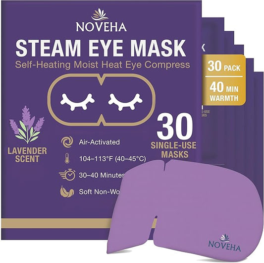 NOVEHA Lavender Self Heating Steam Eye Mask for Dry Eyes 30PCs Air-Activated Steam Eye Mask Warm Compress for Ease Daily Strain, Eye Relaxation, Travel & Spa Use, Soothing Moist Heat for Stressed Eyes
