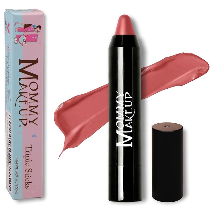 Mommy Makeup Triple Sticks Lipstick, Cream Blush & Treatment All-In-One with Shea & Cocoa Butter - Soft & Creamy Moisturizing Lip Crayon For Lips & Cheeks (Tess)