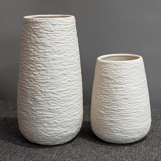 LIFFY Ceramic Flower Vase Set of 2, Home Decor Simple Modern Stereo Grain Table Decorative Vases for Dinning Room, Living Room, Bathroom, Office, Coffee Desk, Fireplace, Gift for Mother, Wife