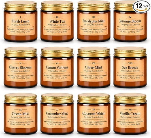12 Pack Summer Scented Candles, 3.5 oz Amber Glass Jar Soy Candle Set, 8% Essential Oil Blend, Gifts for Women Birthday Housewarming