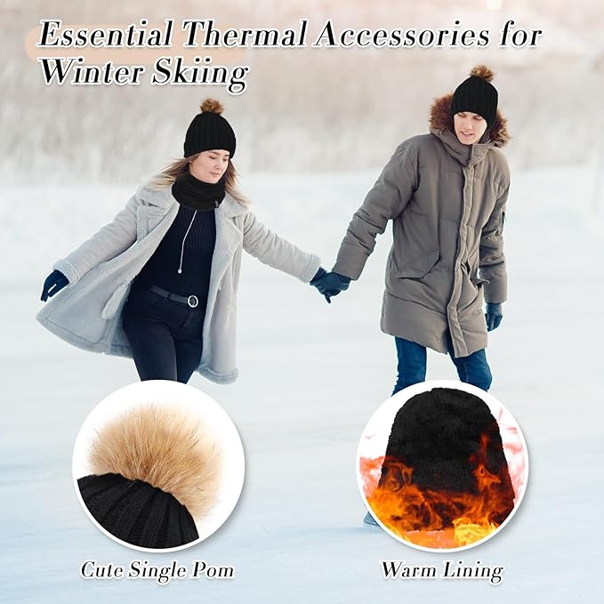 SATINIOR 5 Pcs Winter Hat Scarf Gloves Set Fleece Warm Lined Knit Beanie Hat Touch Screen Earmuff Gloves Warmer for Women(Black,Cool Style)
