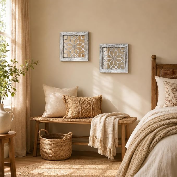 Boho Wall Mirror Decor, Set of 2 Rustic Farmhouse Accent Mirrors 12x12 Inch, Square Acrylic Shatterproof Vintage Style Mirror for Wall, Small Decorative Mirrors for Living Room, Bedroom, Grey
