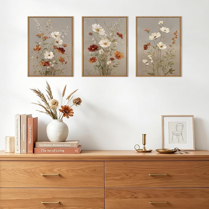 BINCUE Vintage Flower Wall Art Canvas Rustic Wildflower Artwork Neutral Botanical Wall Decor Framed Mid Century Floral Painting Farmhouse Daisy Prints for Living Room Bedroom Office 12"Lx16"W Set of 3