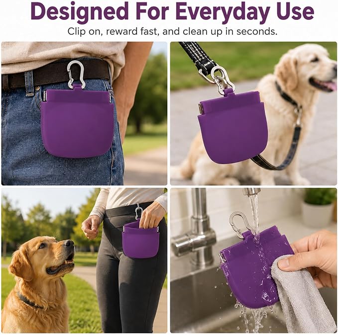 Silicone Dog Treat Pouch for Pet Training One-Hand Access One Cup Silicone Treat Bag with Pull Tab and Auto Closing Lid Treat Pouches for Leash(Color: Purple)