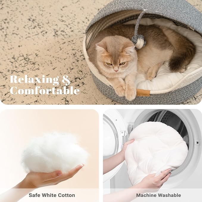CHEERPALS Cat Basket Bed with Washable Cushion and Ball Rope Cotton, Covered Pet Bed for Indoor Cats Cave Bed Hooded, Stimulicat Cat Bed Handwoven Breathable, All Season Universal(Blue)