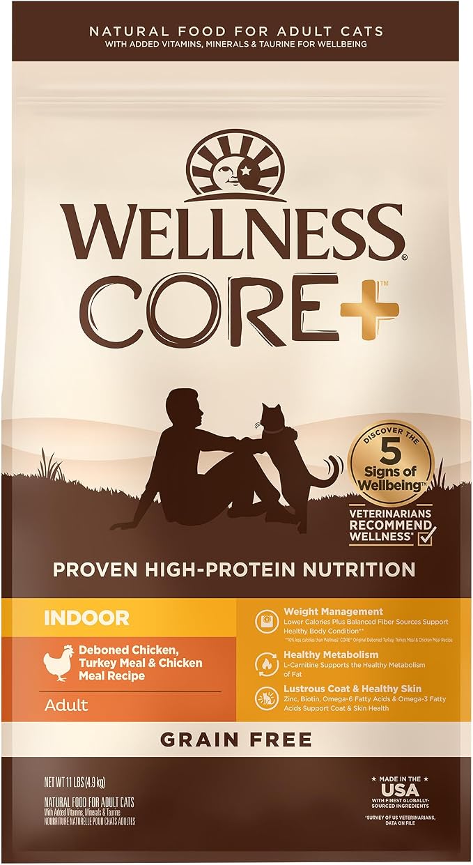 Wellness CORE+ Adult Dry Cat Food for Indoor Cats, Natural, Grain Free Kibble, Chicken and Turkey Recipe, 11 lb Bag