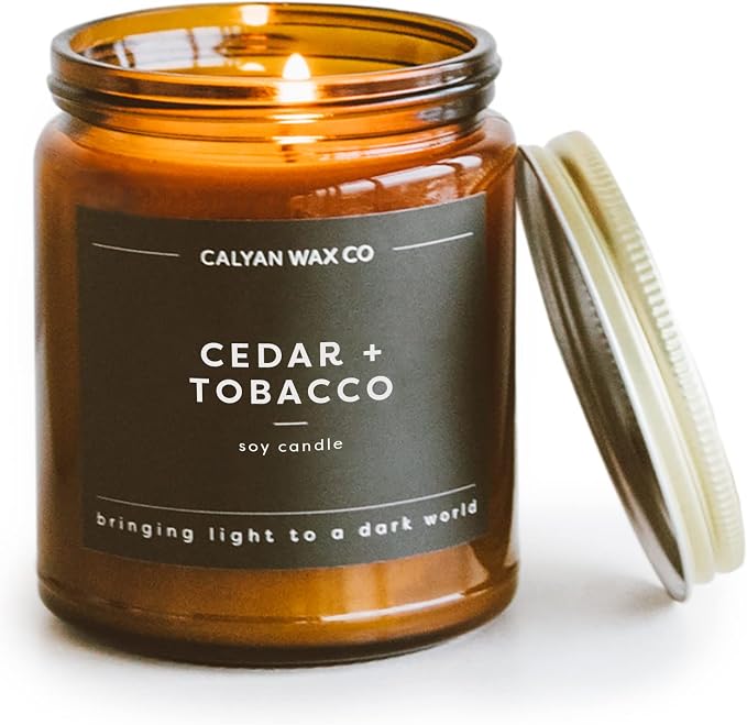 Calyan Wax Co. Cedar & Tobacco Scented Candle - 57 Hour Burn - Luxury Clean Soy Wax Candles - Long Lasting Amber Glass Jar Candle for Home - 7.2oz