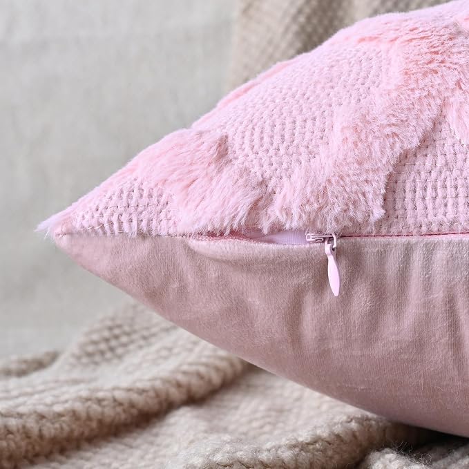 Set of 2 Soft Moroccan Throw Pillow Covers 18x18 Inch Plush Boho Decorative Pillow Cover Accent Cushion Case for Couch Sofa Bed, Light Pink