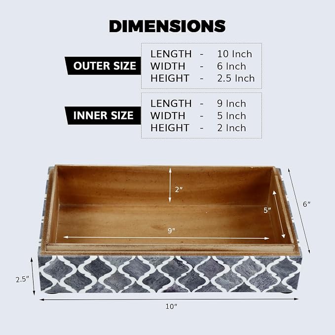 Handicrafts Home Decorative Storage Box with Lid, Moroccan Remote Control Holder Box, Wide Coffee Table Storage Organizer, Bone Inlay Resin Wooden Living Room Storage Box, Gray, 10 x 6 x 2.5