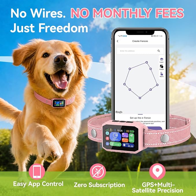 GPS Wireless Dog Fence, 2-1 Smart GPS Wireless Dog Fence with Free APP | No Subscription Fees, IP67 Waterproof, Pet Containment System with 3 Training Mode Beep/Vibration/Static, for Dogs 10–120 lbs
