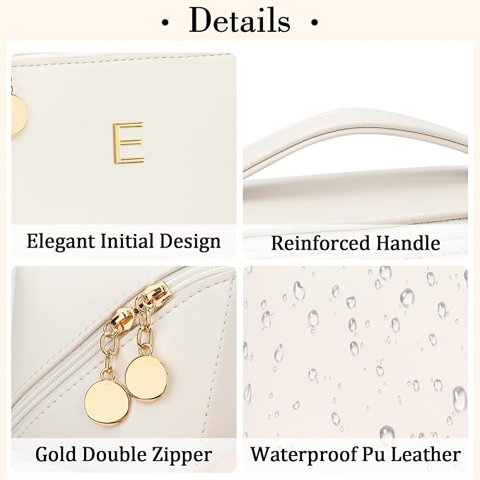 KKXIU Initial Makeup Bag for Women - Personalized Makeup Bag Gifts for Women, Travel Toiletry Bag with PU Leather, Open Flat Design with Top Handle, Cosmetic Bag Set with Multi-Pocket (Beige,E)