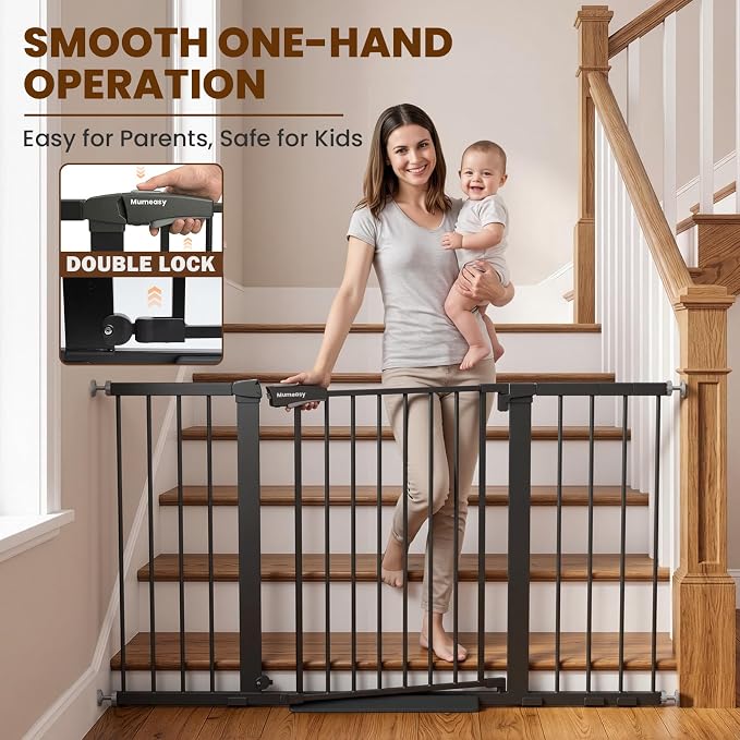 Mumeasy 29.7-54.2" Baby Gate for Stairs, Pressure Mounted Dog Gate for Doorways, Extra Wide Walk Thru Safety Pet Gate for Doors with Auto Close, Easy Install Child Gate for Hallway Indoor House, Black