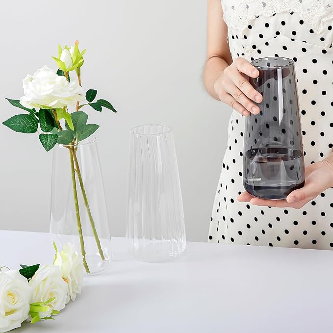 Modern Glass Flower Vase for Home Decor Table Centerpiece, 8.3inch H, Gray | Glass Vases for a Dozen of Flowers, Floral Arrangement,Minimalist Vase for Dinner Table Mantel Entryway Shelf Reception Decor