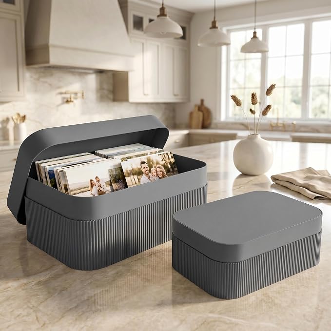 ZICOTO Decorative Storage Boxes with Lids - Set of 2 Beautiful Fluted Photo Organizer Bins for Your Home Bookshelf Decor to Safely Store Your Documents, Memory Box Items and Other Keepsakes in Style