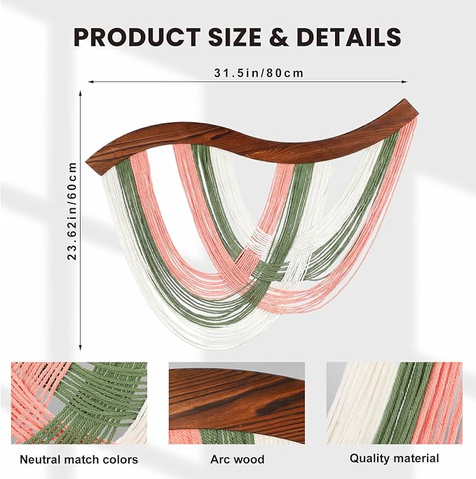 Blush Pink, Sage Green & White Macrame Wall Hanging Dip Dyed Yarn Wall Art | Handmade Cotton Rope Tapestry for Bedroom, Living Room, Nursery, 31.5 x 23.6 Inch