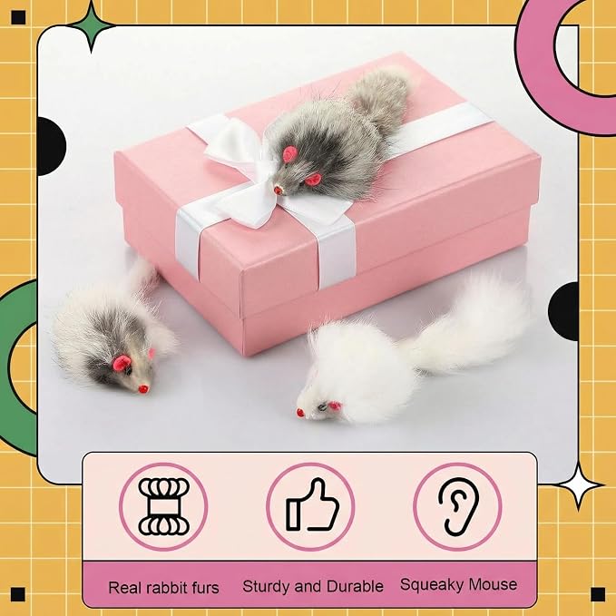 Hungdao 12 Pcs Fur Mice Cat Toys with Rattle Sound, White, Black, Gray